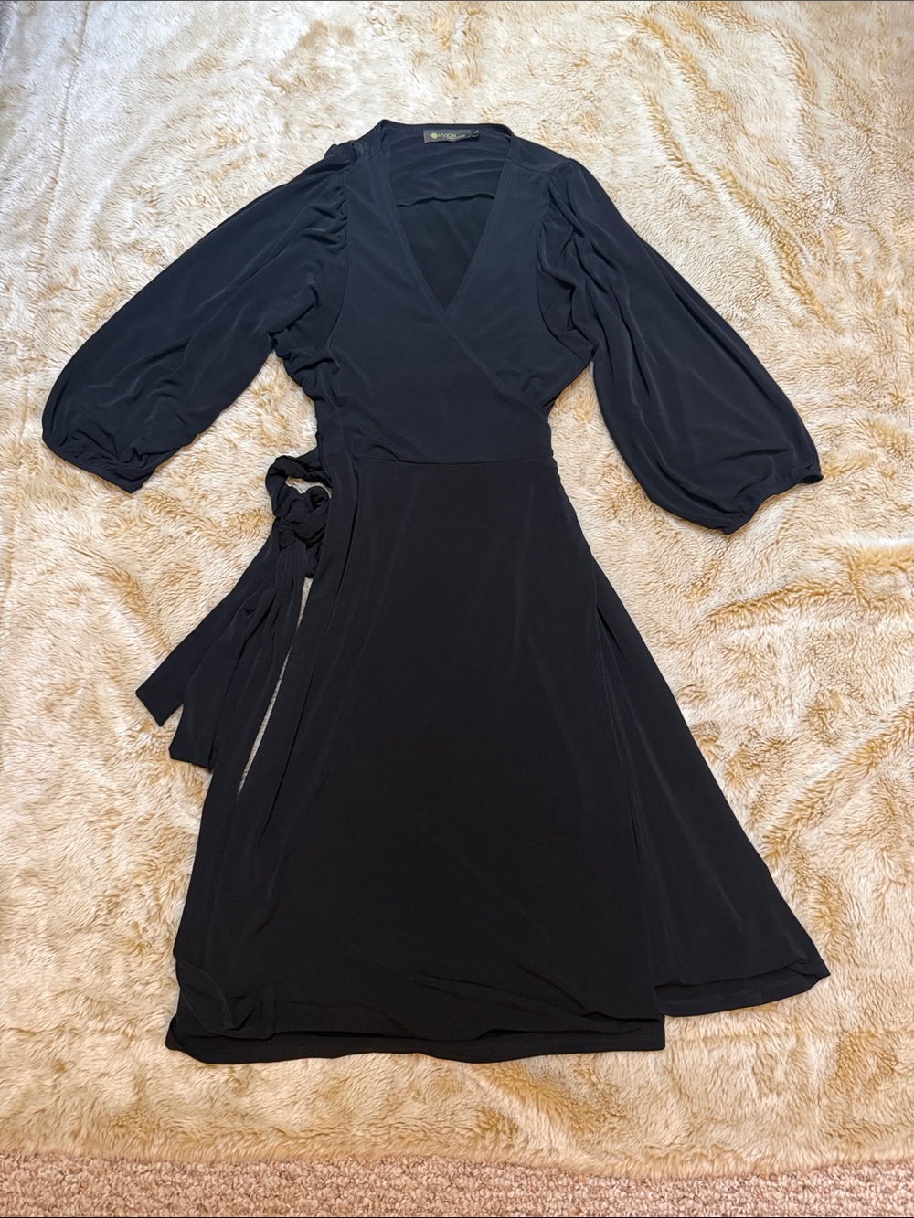 Nylon by Dex Black Wrap Dress with Balloon Sleeves